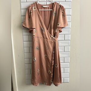 Astr Pink Wrap Midi Dress with Flutter Sleeves/ Size S